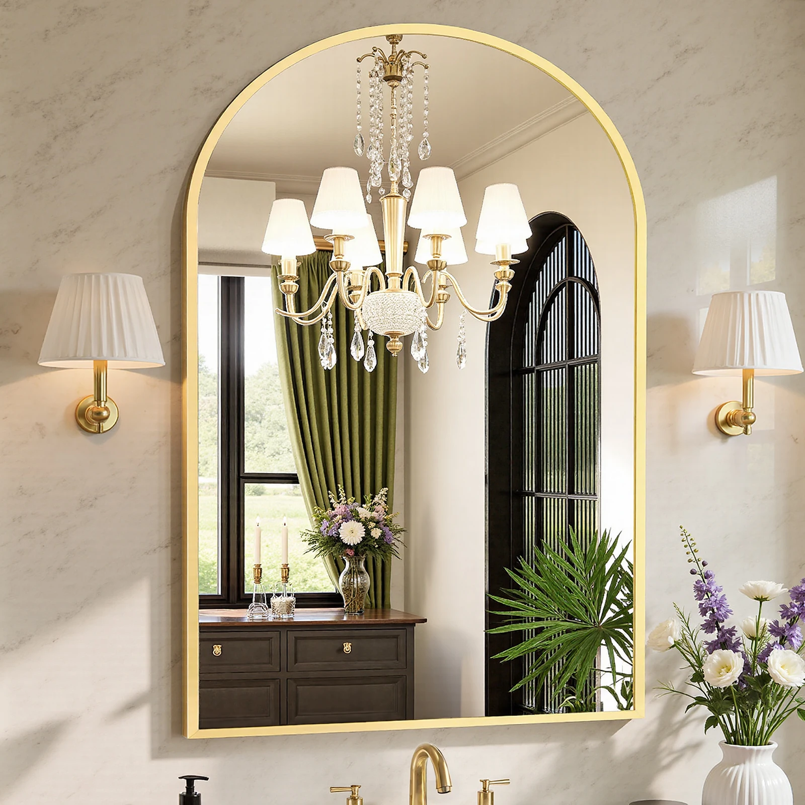 Arched Gold Large Size Mirror Over Sink Modern Wall Mirrors Arch Decorative for Entryway Bedroom Vanity Horizontal or Vertical Hanging - Image 1