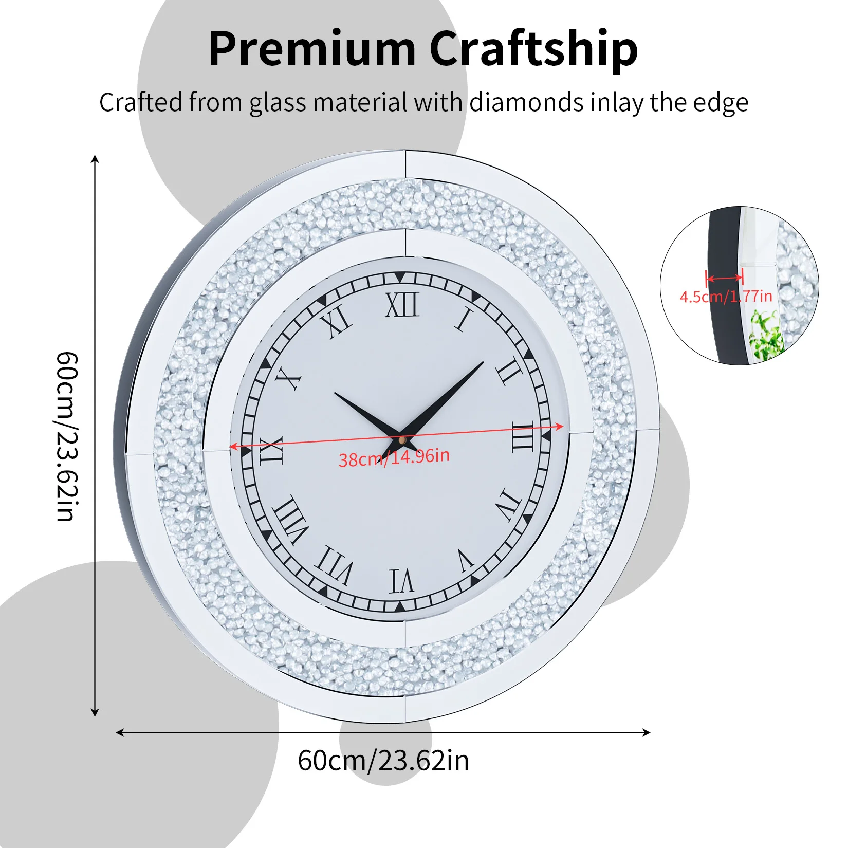Silver/Tawny Tinted Round Mirror Clock Crystal Sparkle - Image 7