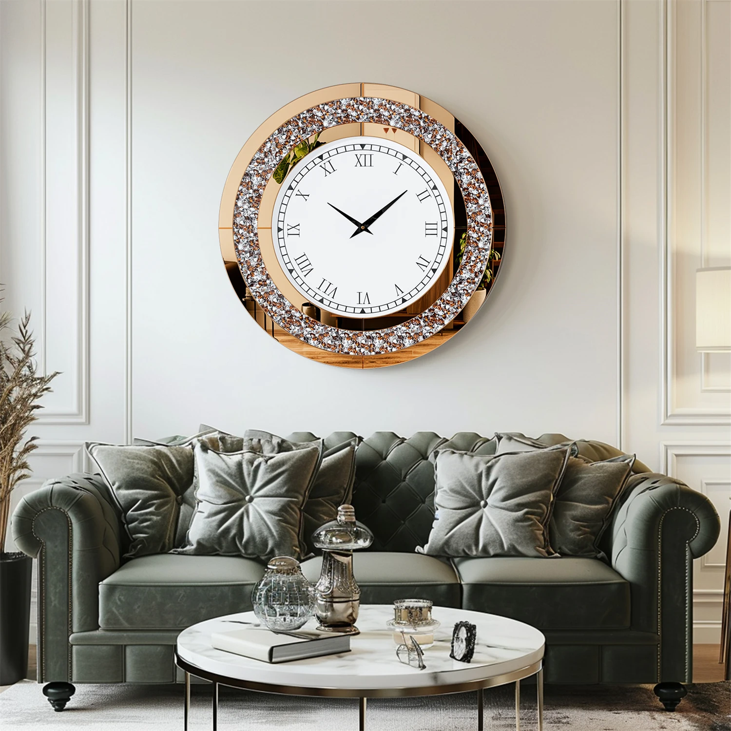 Silver/Tawny Tinted Round Mirror Clock Crystal Sparkle - Image 3