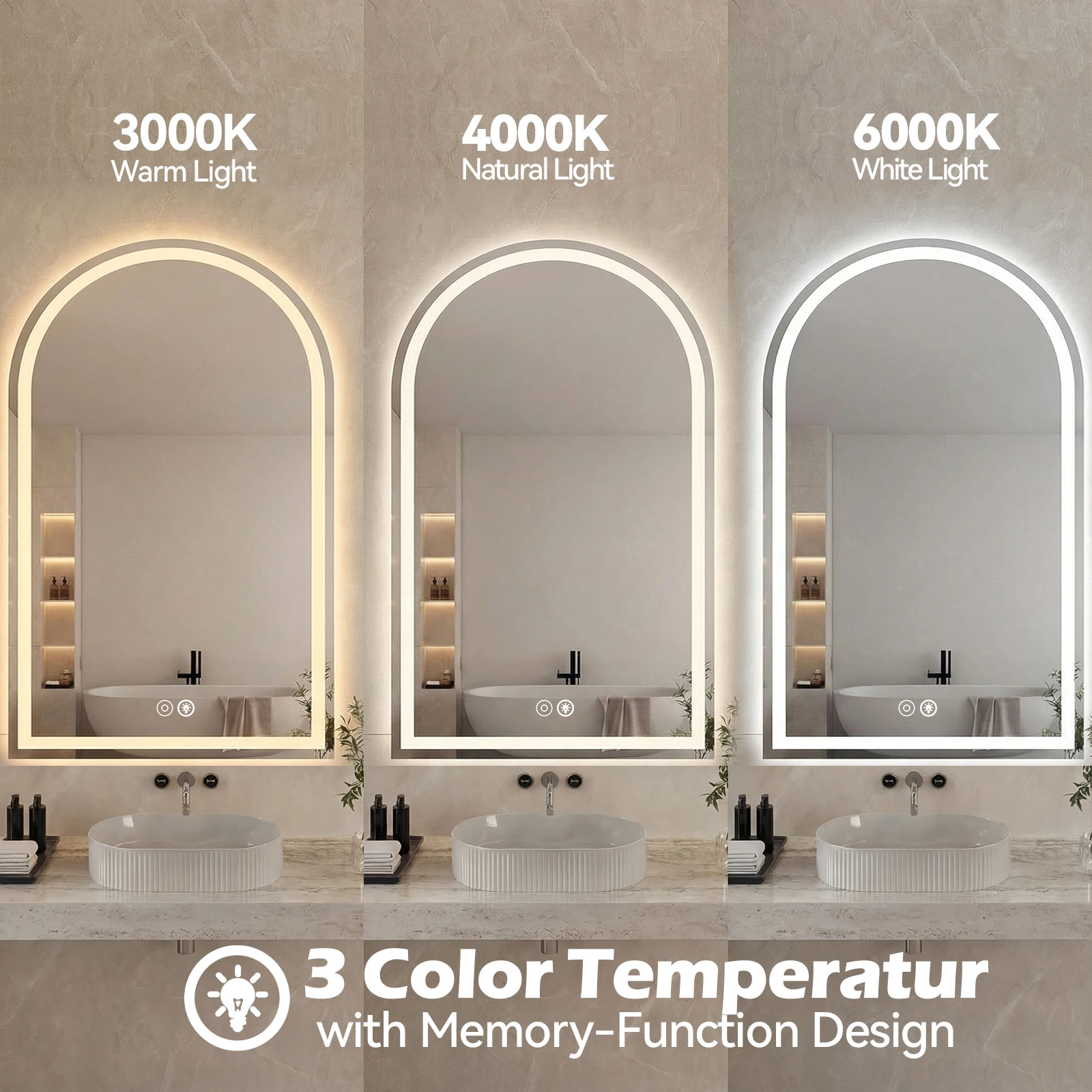 JHK Arched LED Bathroom Vanity Mirror for Wall Backlit Mirror with 3-Color Lights - Image 4