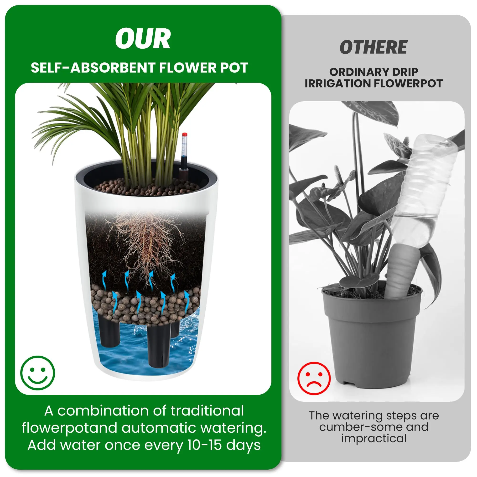 16 Inch Tall Self Watering Planters Set Of 2 With Water Level Indicator, Drainage Reservoir - Image 4