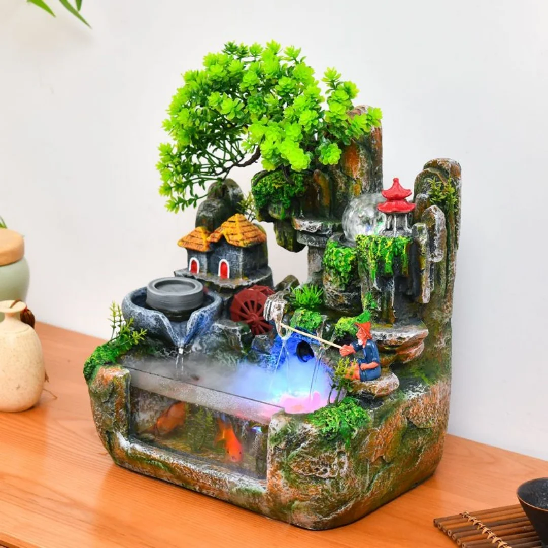 Feng Shui Money Tree Water Fountain, Circulating Fish Tank Waterfall with Resin Rockery - Image 2