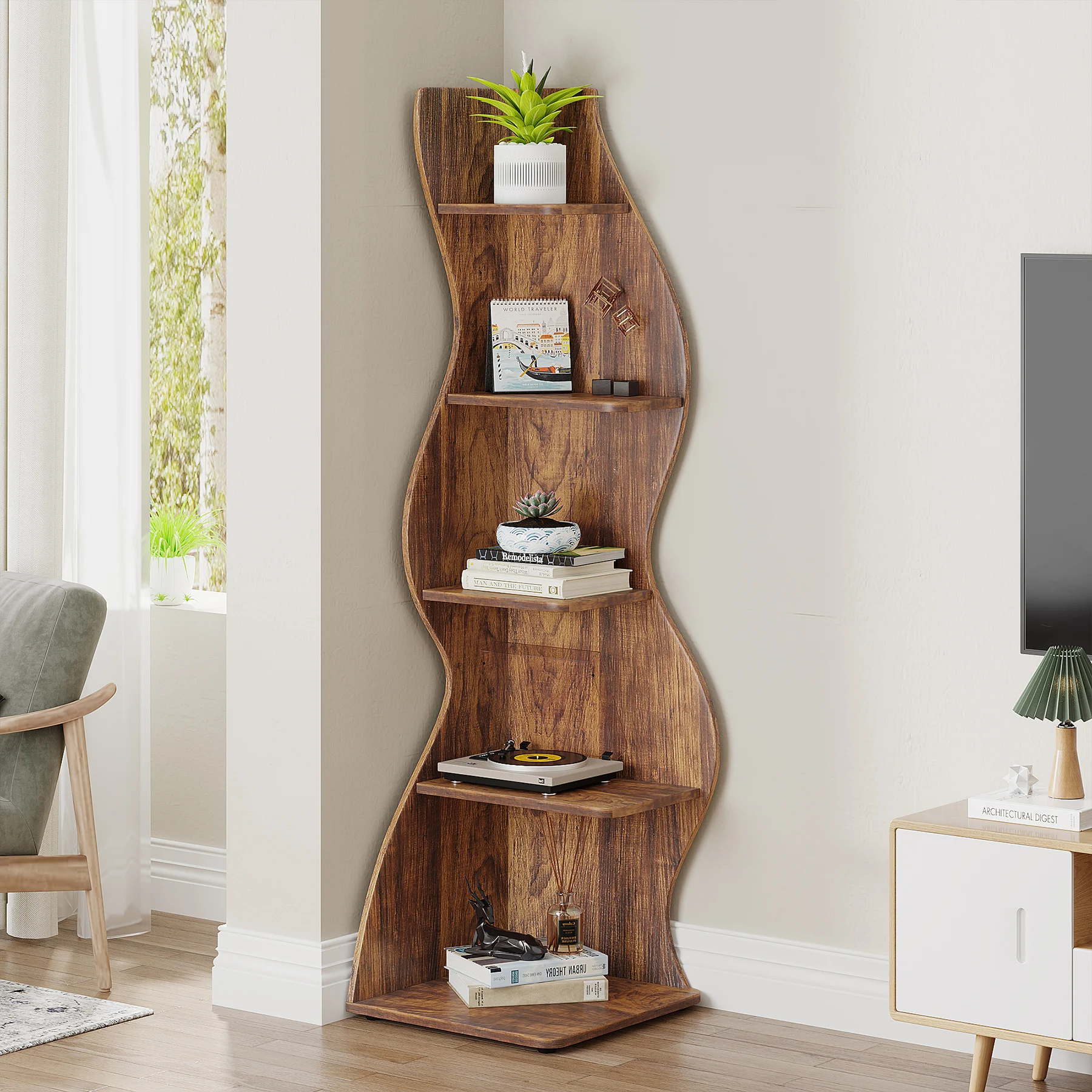 Tribesigns Corner Shelf, Rustic 5-Tier - Image 4