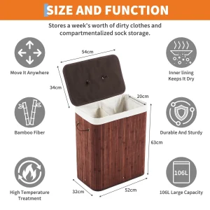Bamboo Laundry Hamper Large 106L with Removable 4-Section Liner, - Thumbnail Image 7
