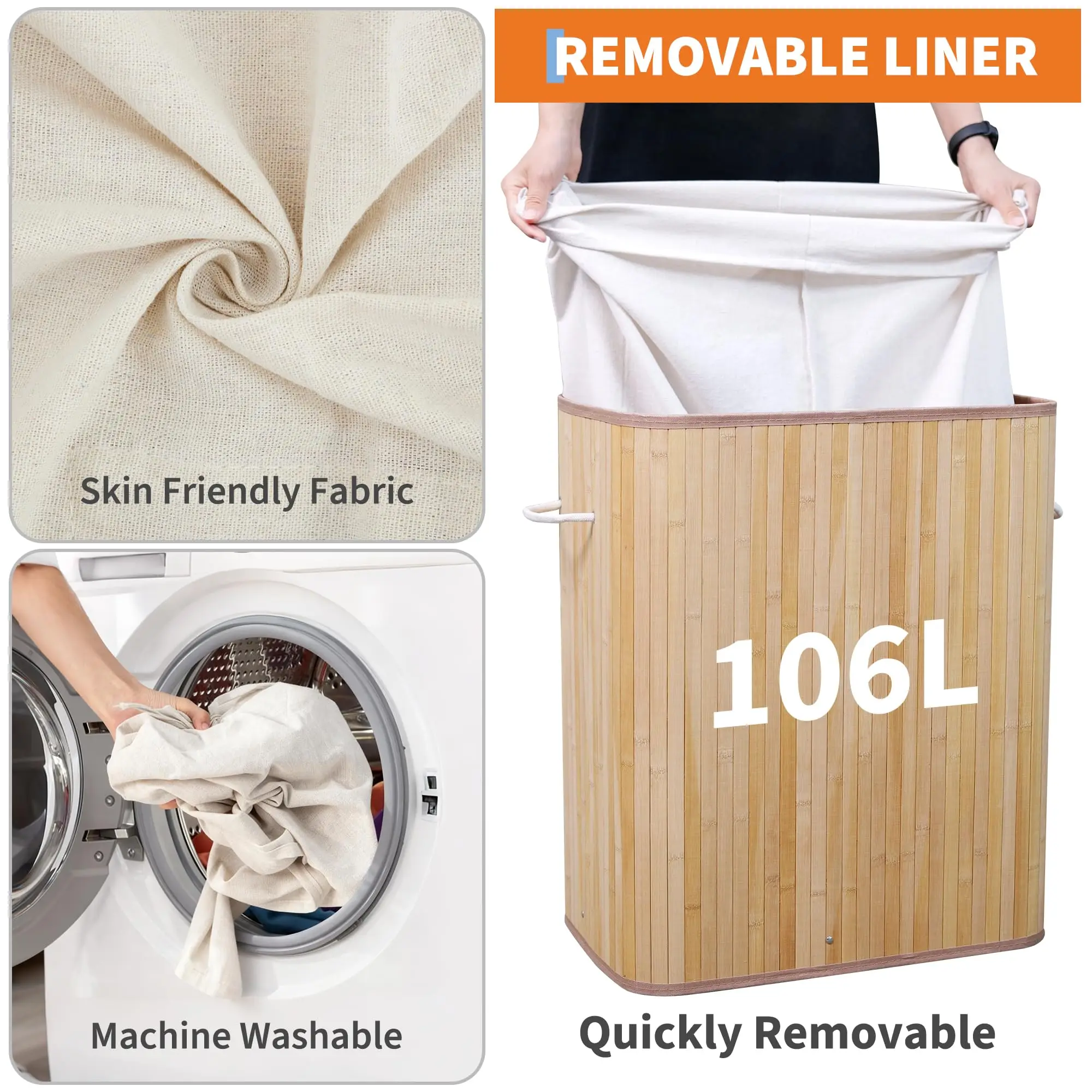 Bamboo Laundry Hamper Large 106L with Removable 4-Section Liner, - Image 5
