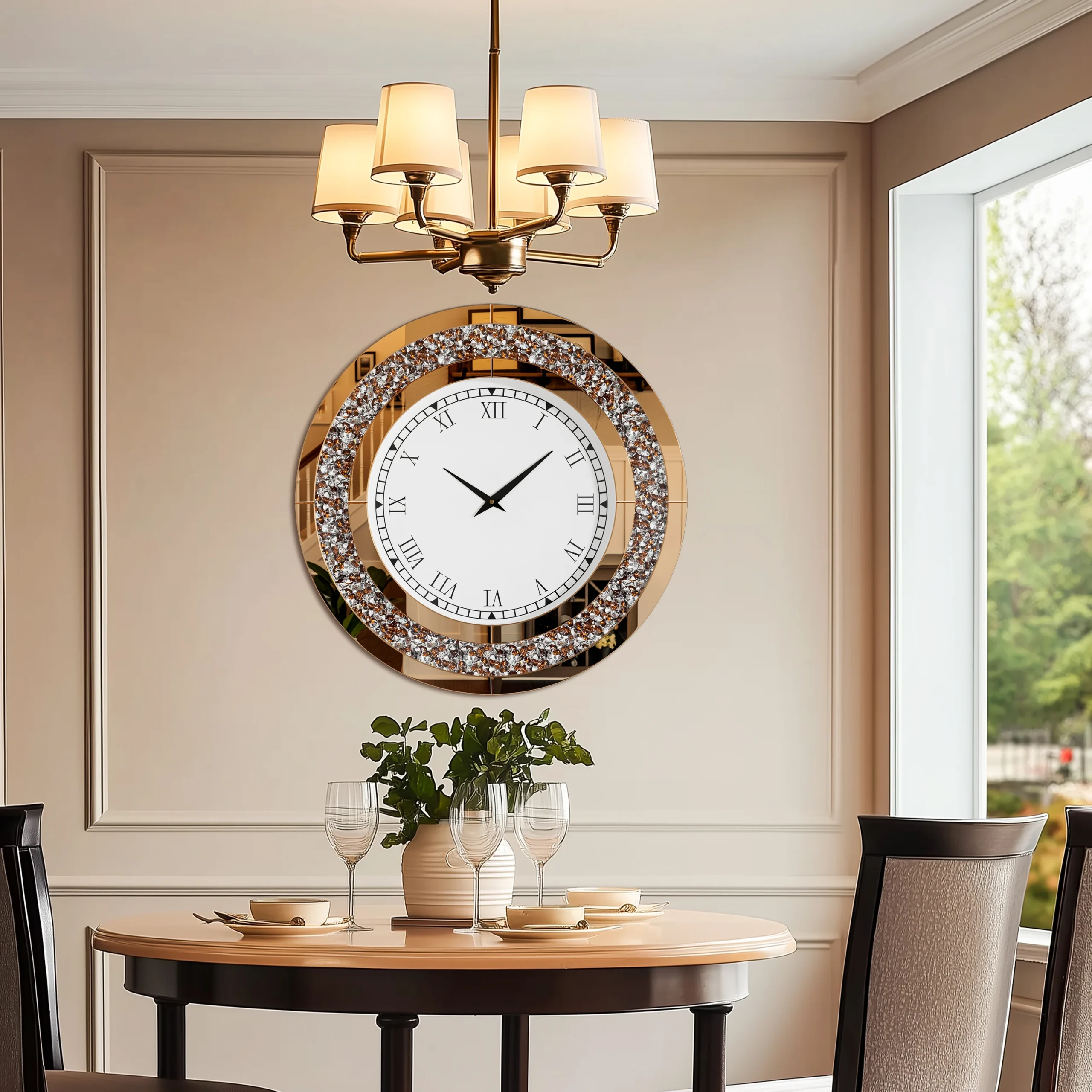 Silver/Tawny Tinted Round Mirror Clock Crystal Sparkle - Image 1