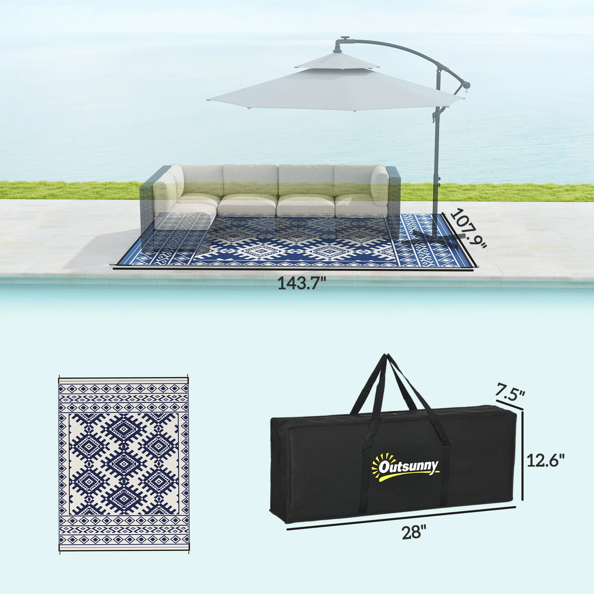 Outdoor Rug, 9' x 12' Floor Mat, Blue White Rhombus Border - Image 3
