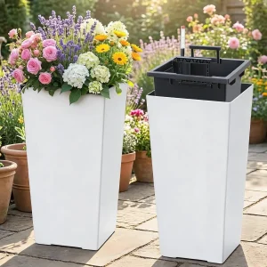 16" Tall Planters Set of 2, Indoor & Outdoor Black Planter Pots,  Drainage Holes, Water Level Monitor, and Inner Bucket,