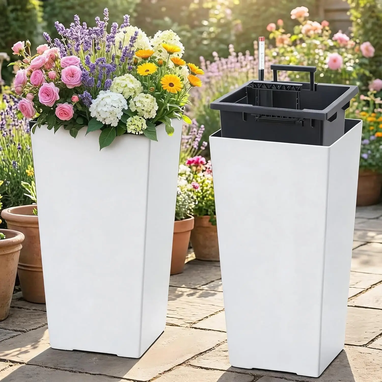 16" Tall Planters Set of 2, Indoor & Outdoor Black Planter Pots,  Drainage Holes, Water Level Monitor, and Inner Bucket, - Image 1