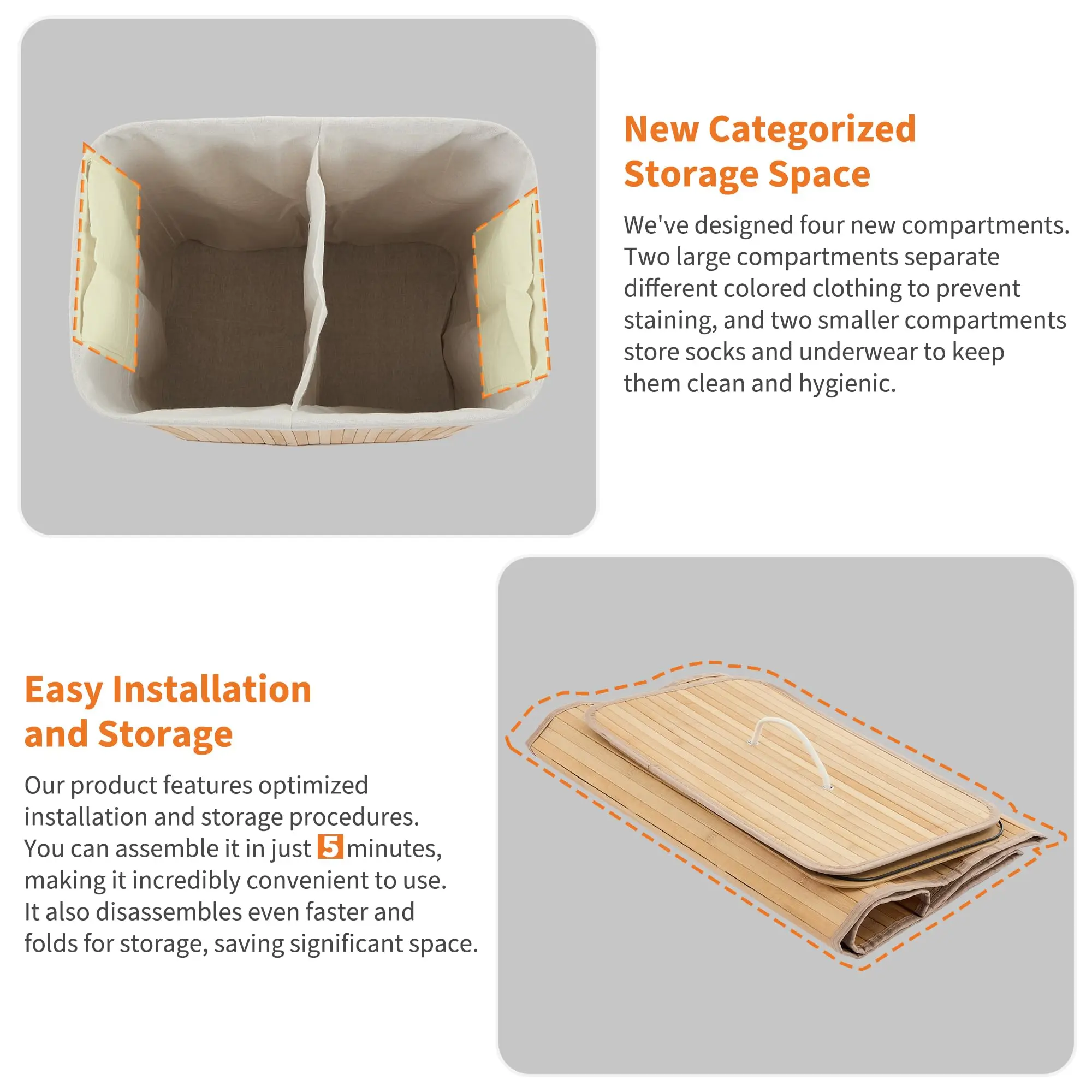 Bamboo Laundry Hamper Large 106L with Removable 4-Section Liner, - Image 3
