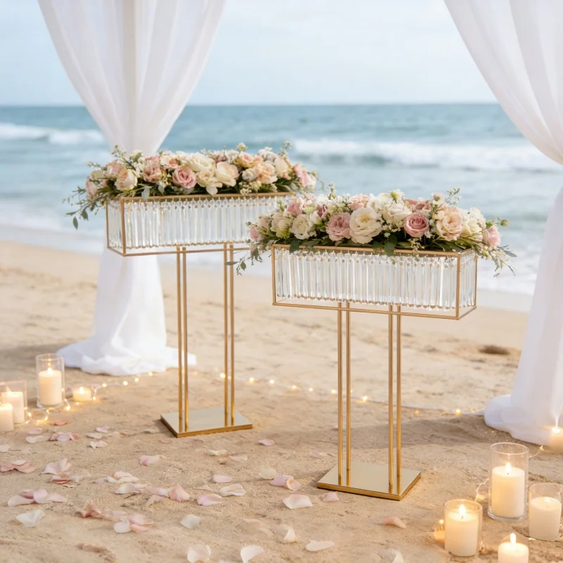 2pcs Tall Golden  Iron Frame Crystal Flower Stand for Wedding Centerpiece - Image 2