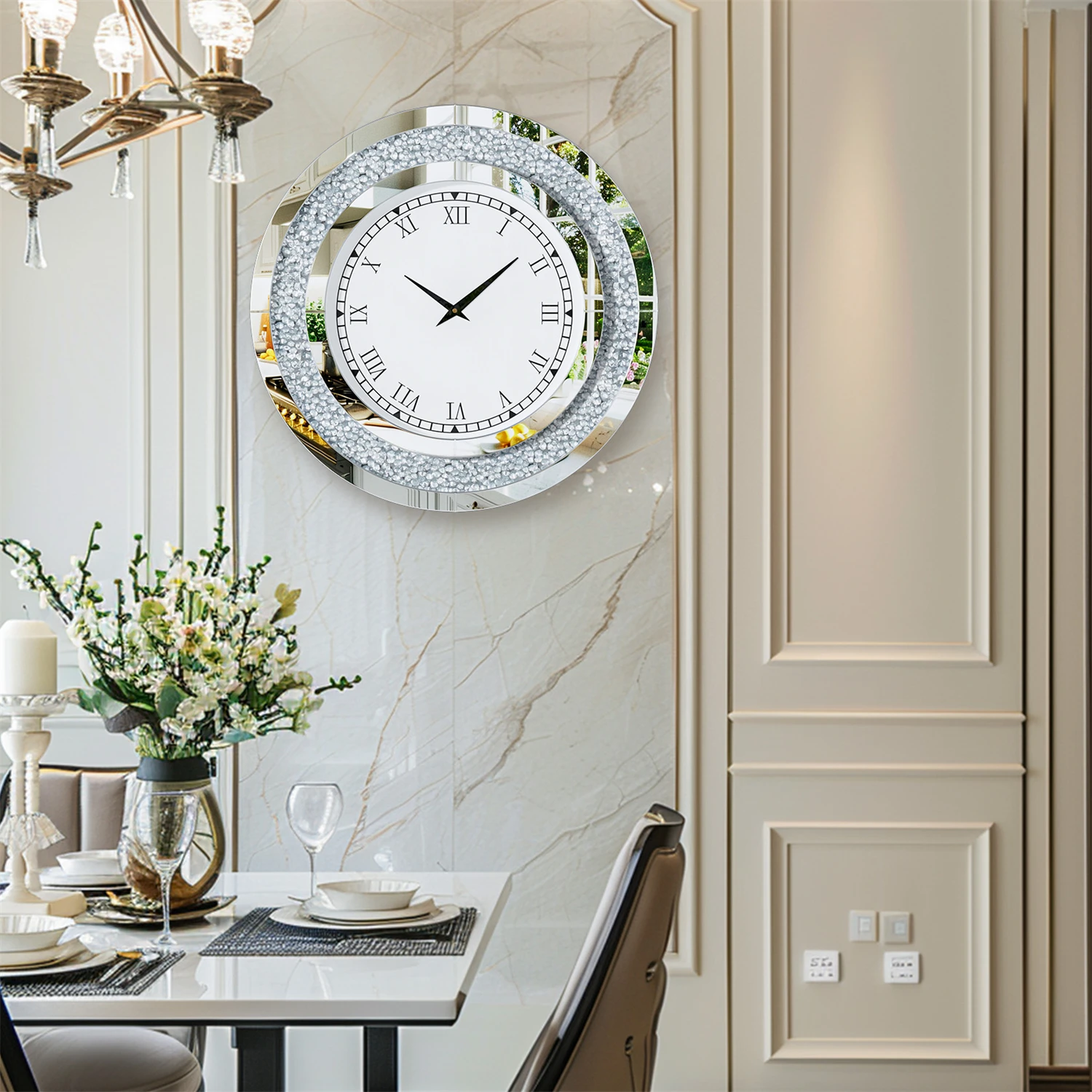 Silver/Tawny Tinted Round Mirror Clock Crystal Sparkle - Image 2