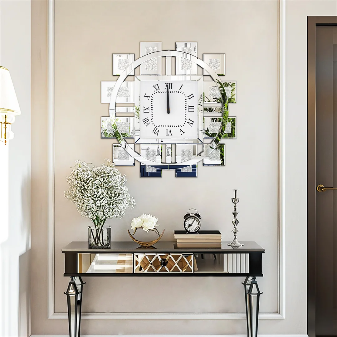 Battery Operated Decorative Wall Clock with Silver/ Golden Crystal Crushed Diamond Inlay - Image 1