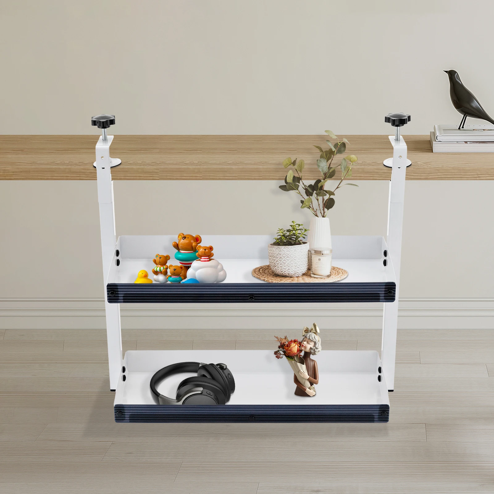 Clamp-on Desk Shelf, 2-Tier, Above or Under Table Corner Shelves Metal Organizer, - Image 3