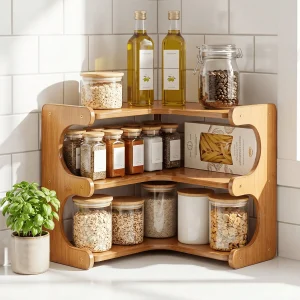 Freestanding Wood Corner Organizer Shelf, Space Saving Drill-Free Multi-Tier Washable Display Shelving - Thumbnail Image 2