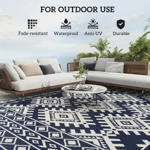Outdoor Rug, 9' x 12' Floor Mat, Blue White Rhombus Border - Thumbnail Image 6