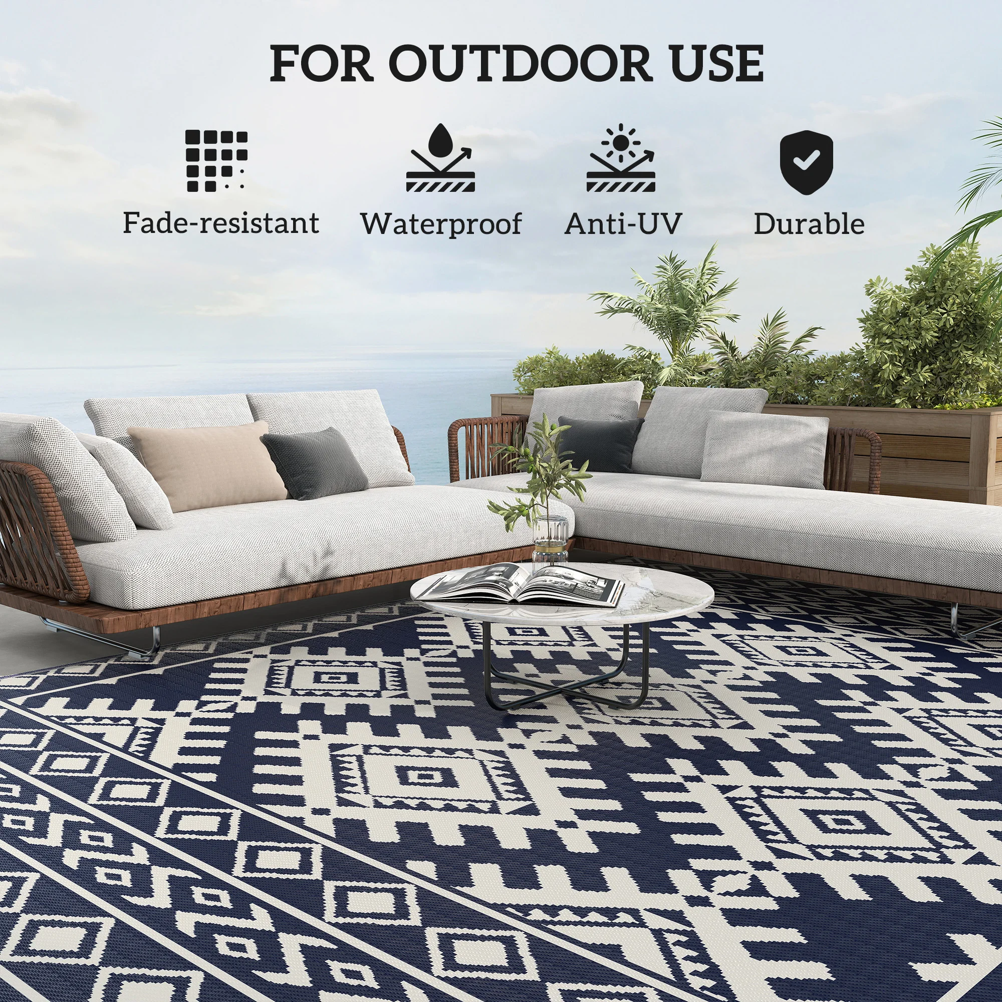 Outdoor Rug, 9' x 12' Floor Mat, Blue White Rhombus Border - Image 6
