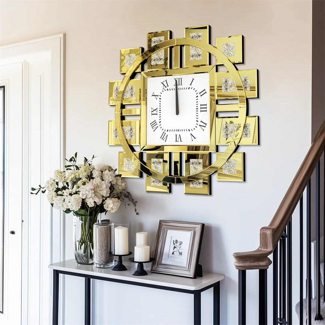 Battery Operated Decorative Wall Clock with Silver/ Golden Crystal Crushed Diamond Inlay - Image 3