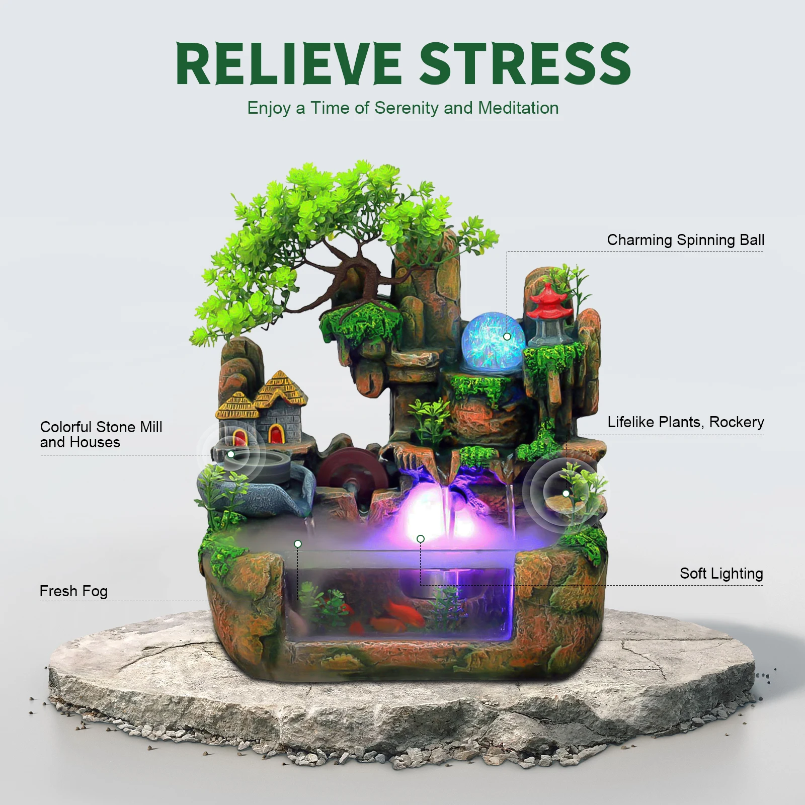 Feng Shui Money Tree Water Fountain, Circulating Fish Tank Waterfall with Resin Rockery - Image 4